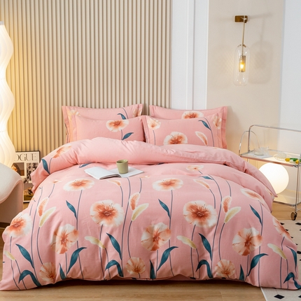 91家纺网 家纺一手货源 找家纺 威布斯家居 2024新款AA版全棉加厚磨毛四件套 绒花朵朵-粉