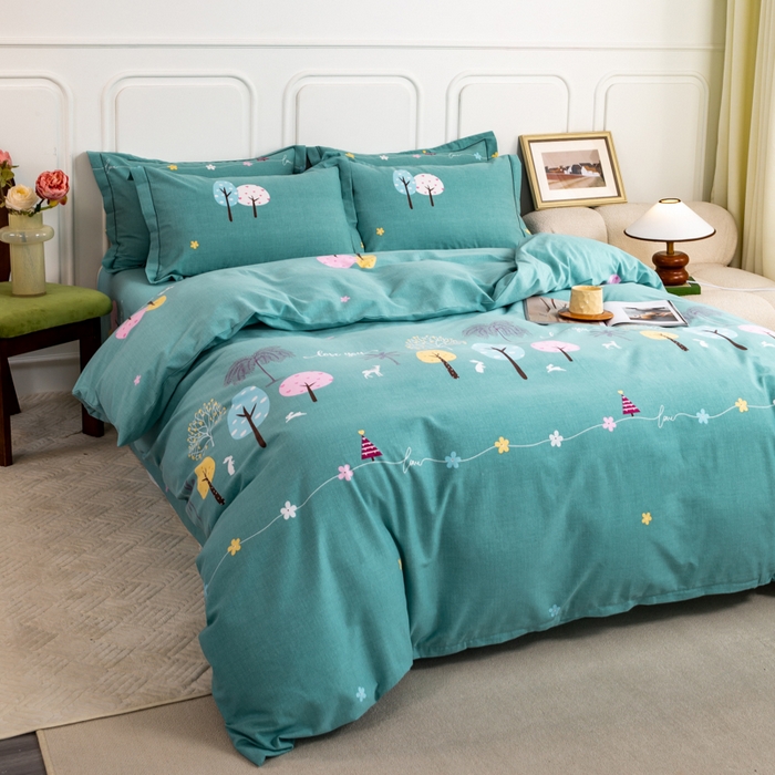 91家纺网 家纺一手货源 找家纺 威布斯家居 2024新款AA版全棉加厚磨毛四件套 欢乐树-绿