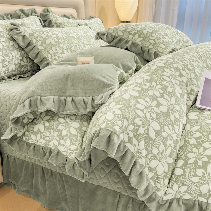 91家纺网 家纺一手货源 找家纺 2024新品A类牛奶绒韩版雕花四件套 茉莉花-绿