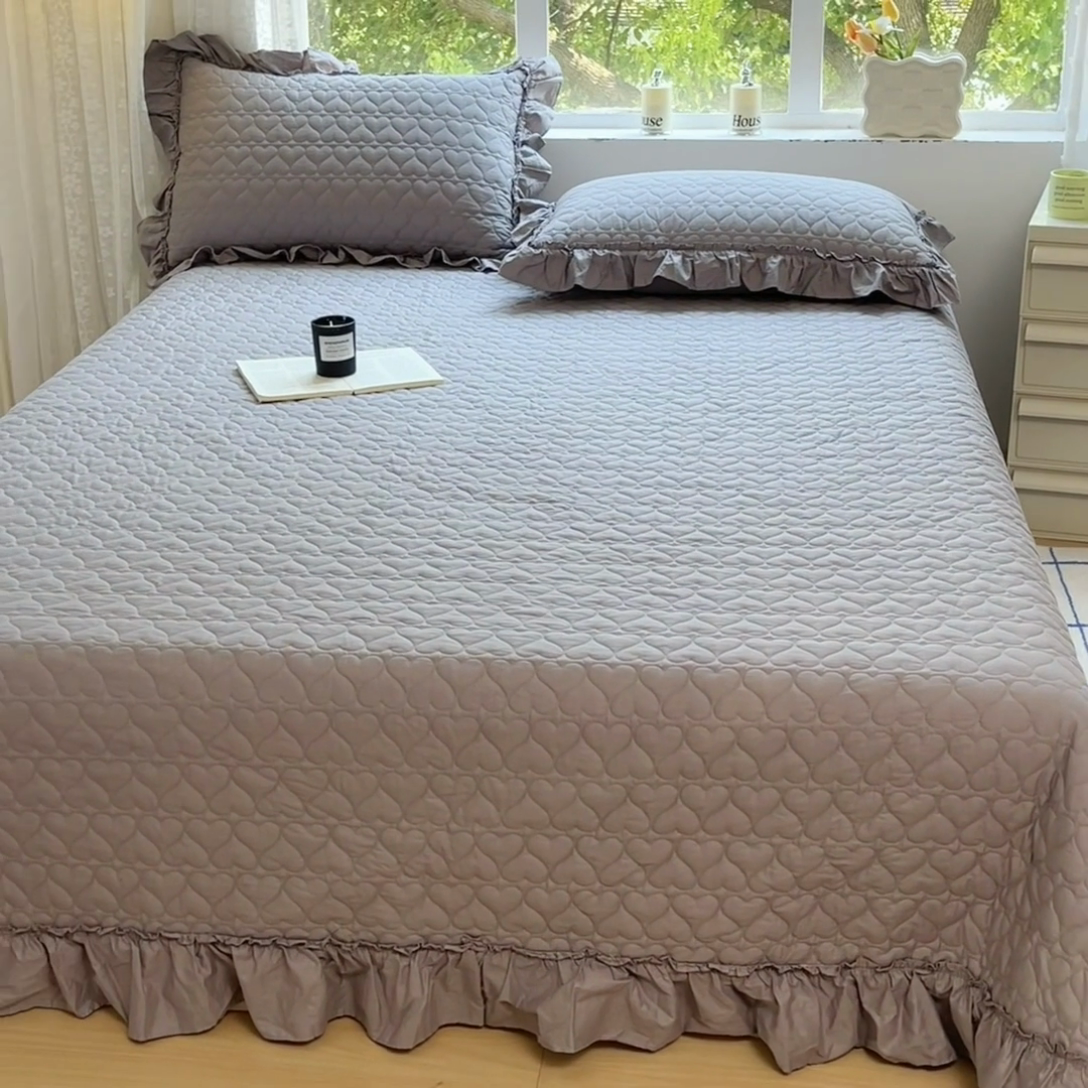 91家纺网 家纺一手货源 找家纺 暖居 2024新款250X270韩系纯色纯棉床盖三件套四件套+双面纯棉同款春秋被 夜空灰花束款