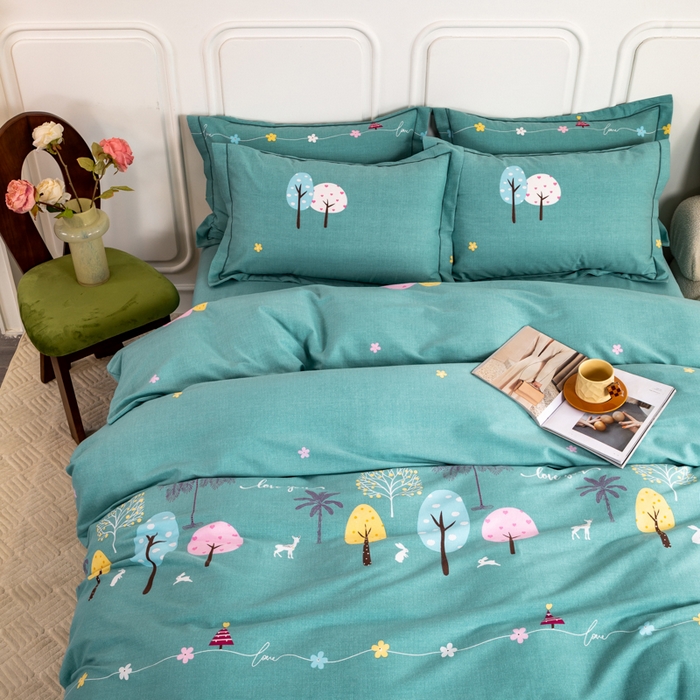 91家纺网 家纺一手货源 找家纺 威布斯家居 2024新款AA版全棉加厚磨毛四件套 欢乐树-绿