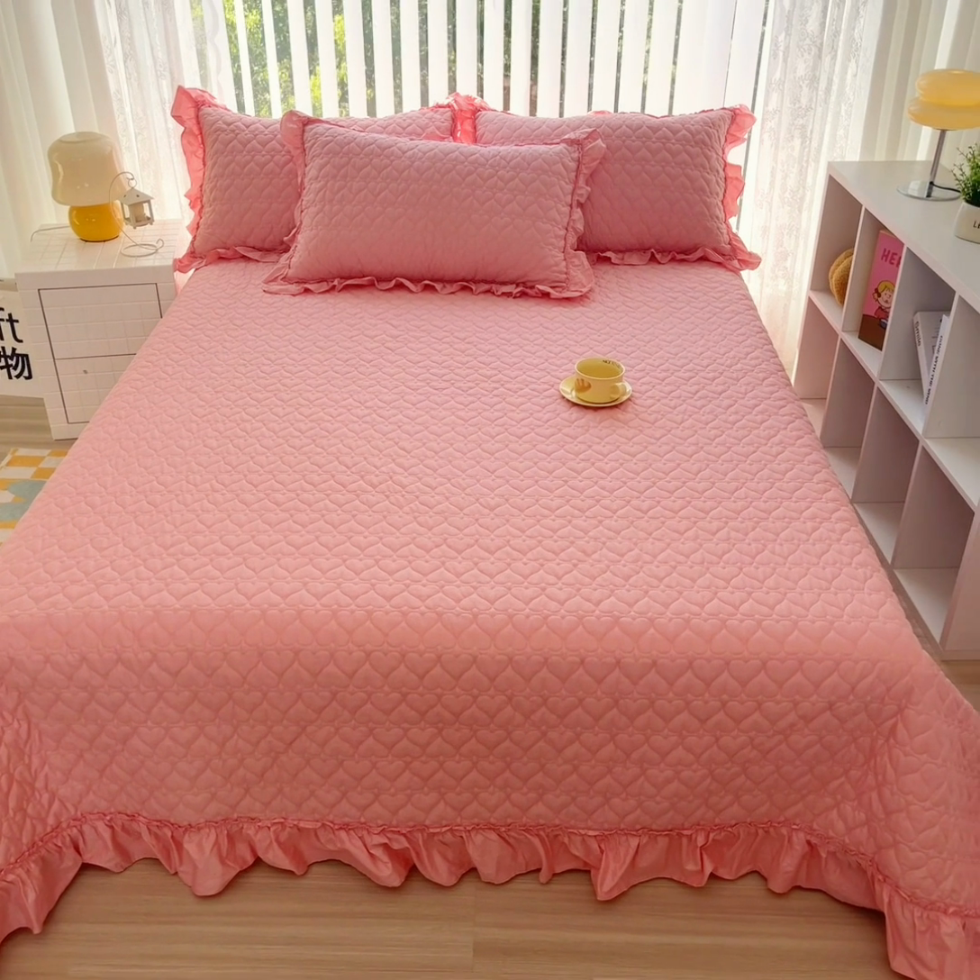 91家纺网 家纺一手货源 找家纺 暖居 2024新款250X270韩系纯色纯棉床盖三件套四件套+双面纯棉同款春秋被 玫红花束款