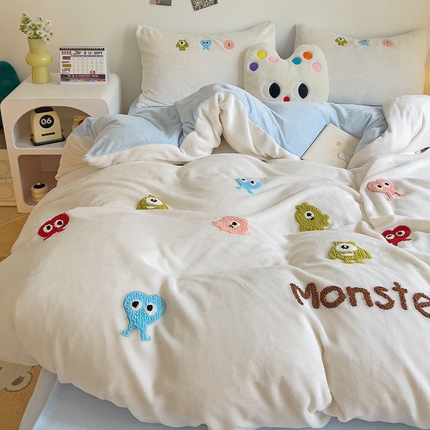 梦之岛 2024新款多巴胺小怪兽可爱牛奶绒毛巾绣四件套 小怪兽-白蓝