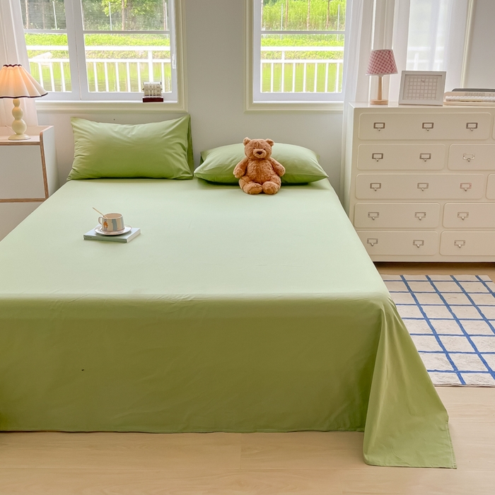 91家纺网 家纺一手货源 找家纺 韩巢家纺 2024新款简约格子纯色A类水洗棉床单枕套三件套 A类浅草绿-床单