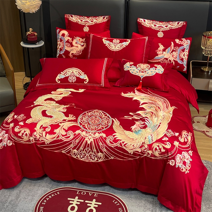 91家纺网 家纺一手货源 找家纺 用心 2024年新款双面磨毛绣花婚庆四件套 龙鸣凤悦