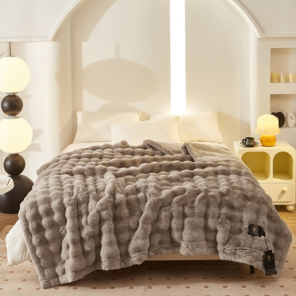 尚品凤凰 2025新款亲肤舒适加厚保暖貂绒兔毛泡泡毛毯 泡泡-驼