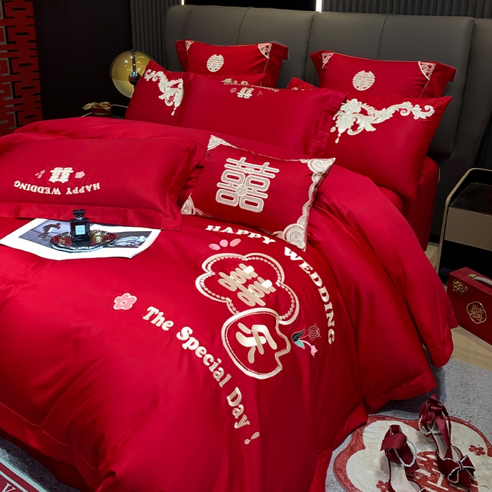 91家纺网 家纺一手货源 找家纺 用心 2024新款亲肤加厚磨毛新中式婚庆四件套多件套 囍乐