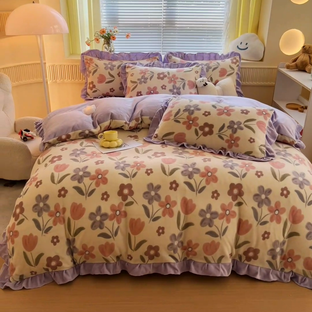 91家纺网 家纺一手货源 找家纺 找底底家纺 2024新款牛奶绒印花四件套 小美好