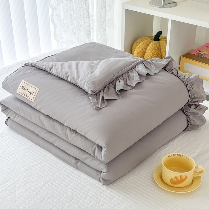 91家纺网 家纺一手货源 找家纺 暖居 2024新款250X270韩系纯色纯棉床盖三件套四件套+双面纯棉同款春秋被 夜空灰花束款