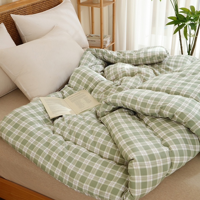 91家纺网 家纺一手货源 找家纺 优布加 2024新款色织水洗棉格斜抗菌良品系列大豆被冬被 良品-灰绿