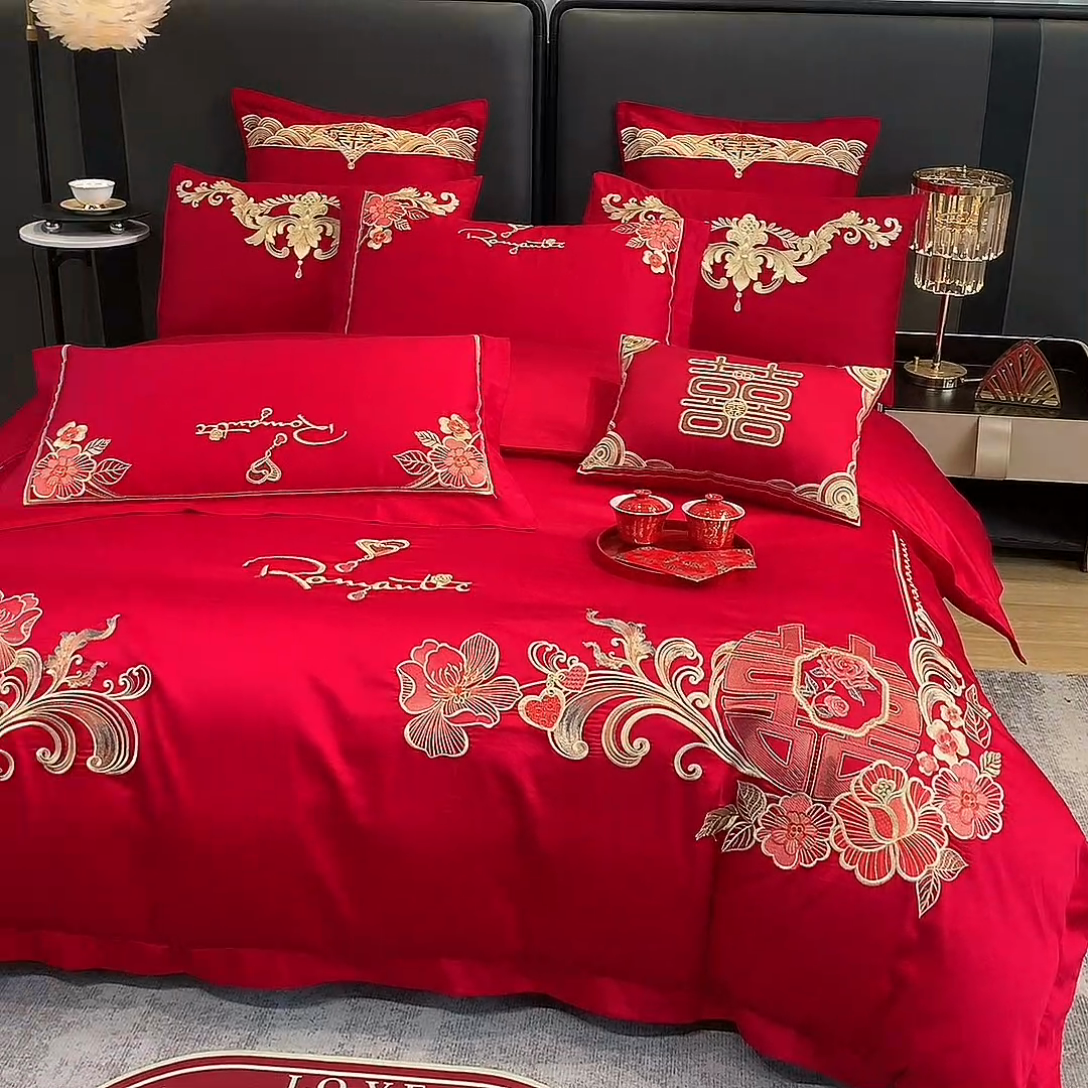 91家纺网 家纺一手货源 找家纺 用心 2024新款亲肤加厚磨毛新中式婚庆四件套多件套 花语