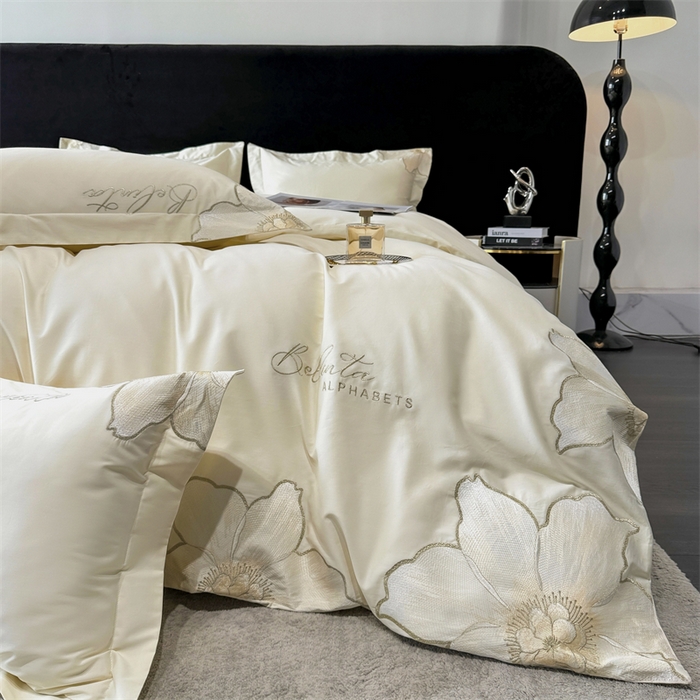 91家纺网 家纺一手货源 找家纺 宅家居 2024新款莫奈花园系列-轻奢小香风双面纯棉刺绣长绒棉四件套 莫奈花园-奶昔白