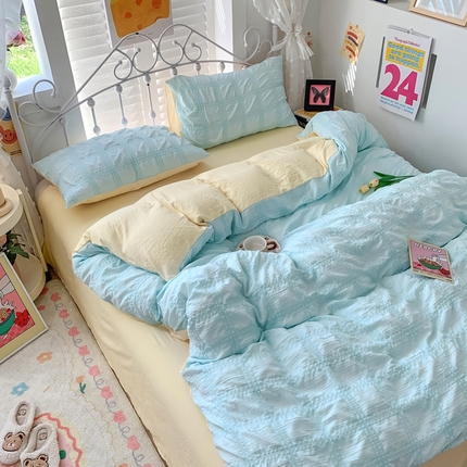 91家纺网 家纺一手货源 找家纺 （总）优卡迪家纺馆 2024新款水洗棉泡泡纱纯色双拼撞色四件套（下载文件夹包含买家秀）