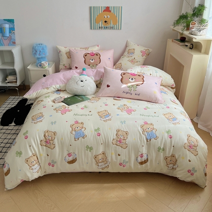 91家纺网 家纺一手货源 找家纺 桃喜 2025新款学生季全棉13070混搭系列四件套 甜品软熊