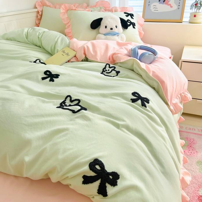 91家纺网 家纺一手货源 找家纺 泉欣家纺 2024韩式公主风毛巾绣花水洗棉四件套专版花型 蝴蝶结-抹茶绿粉