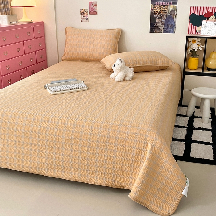 91家纺网 家纺一手货源 找家纺 沐纯家居 2025新款色织水洗棉棉绒（大豆纤维填充）床盖三件套 田园桔