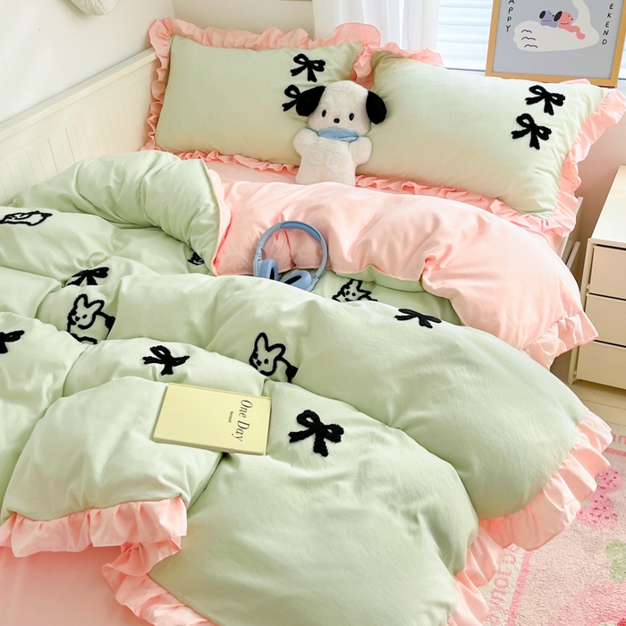 91家纺网 家纺一手货源 找家纺 泉欣家纺 2024韩式公主风毛巾绣花水洗棉四件套专版花型 蝴蝶结-抹茶绿粉