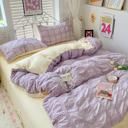 91家纺网 家纺一手货源 找家纺 （总）优卡迪家纺馆 2024新款水洗棉泡泡纱纯色双拼撞色四件套（下载文件夹包含买家秀）