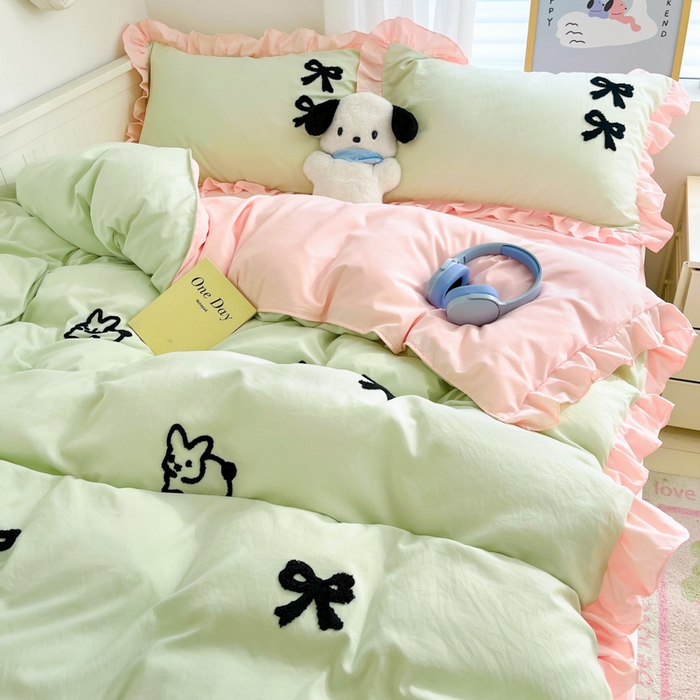 91家纺网 家纺一手货源 找家纺 泉欣家纺 2024韩式公主风毛巾绣花水洗棉四件套专版花型 蝴蝶结-抹茶绿粉