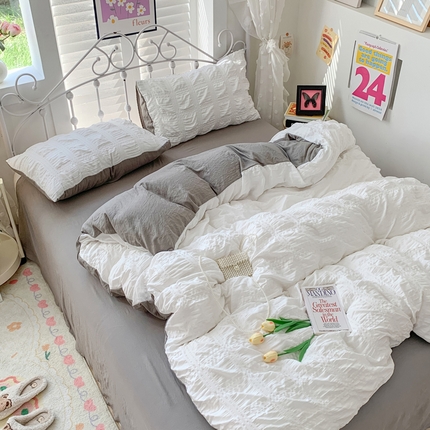 91家纺网 家纺一手货源 找家纺 （总）优卡迪家纺馆 2024新款水洗棉泡泡纱纯色双拼撞色四件套（下载文件夹包含买家秀）