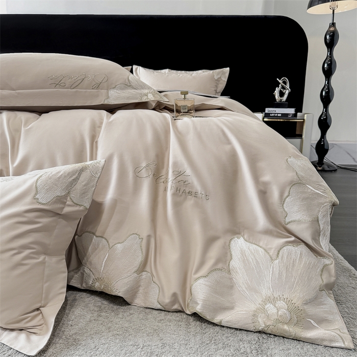 91家纺网 家纺一手货源 找家纺 宅家居 2024新款莫奈花园系列-轻奢小香风双面纯棉刺绣长绒棉四件套 莫奈花园-香槟金