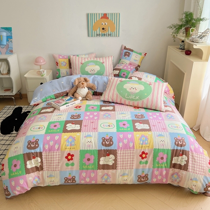 91家纺网 家纺一手货源 找家纺 桃喜 2025新款学生季全棉13070混搭系列四件套 格子小狗