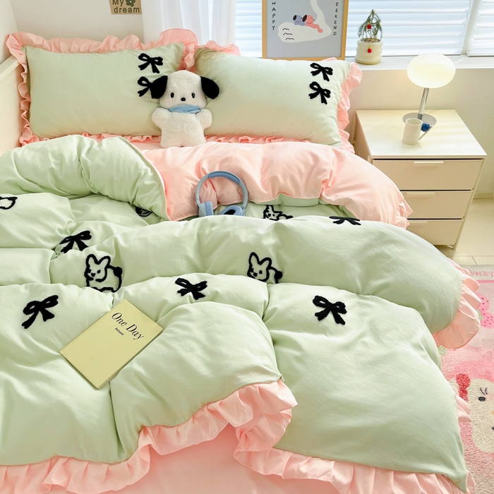 91家纺网 家纺一手货源 找家纺 （总）泉欣家纺 2024韩式公主风毛巾绣花水洗棉四件套专版花型