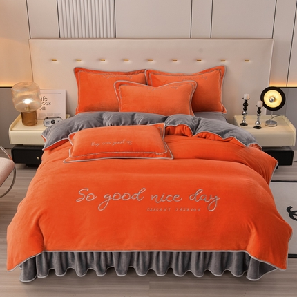 91家纺网 家纺一手货源 找家纺 居尚家纺 2025新款加厚牛奶绒刺绣单被套系列 桔黄+绅士灰