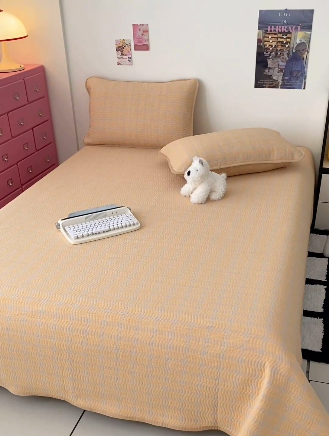 91家纺网 家纺一手货源 找家纺 沐纯家居 2025新款色织水洗棉棉绒（大豆纤维填充）床盖三件套 田园桔