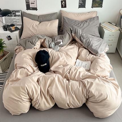 91家纺网 家纺一手货源 找家纺 优卡迪家纺馆 2024新款水洗棉105克纯色双拼四件套系列（下载文件夹包含买家秀） 卡其浅灰