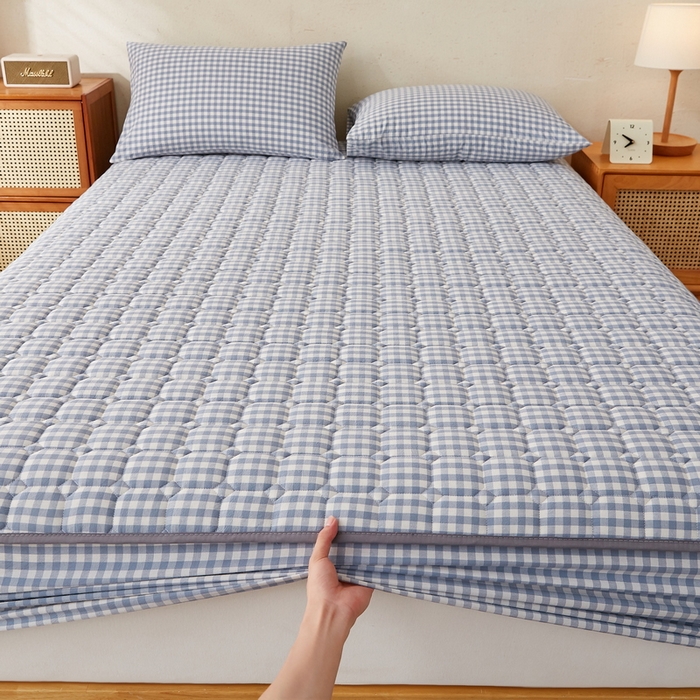 91家纺网 家纺一手货源 找家纺 迪乐妮家居 2024新款大床色织全棉夹棉床笠 蓝小格