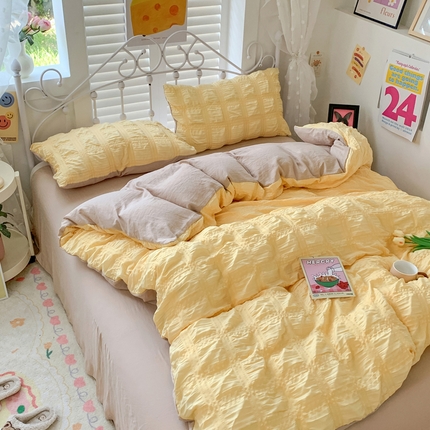 91家纺网 家纺一手货源 找家纺 （总）优卡迪家纺馆 2024新款水洗棉泡泡纱纯色双拼撞色四件套（下载文件夹包含买家秀）