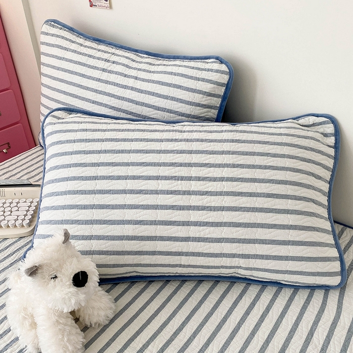 91家纺网 家纺一手货源 找家纺 沐纯家居 2025新款色织水洗棉棉绒（大豆纤维填充）床盖三件套 青柠蓝