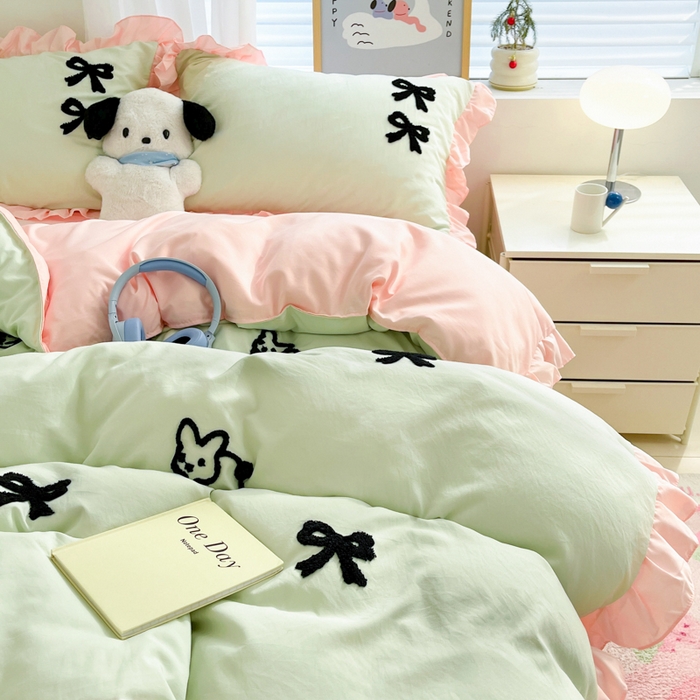 91家纺网 家纺一手货源 找家纺 泉欣家纺 2024韩式公主风毛巾绣花水洗棉四件套专版花型 蝴蝶结-抹茶绿粉