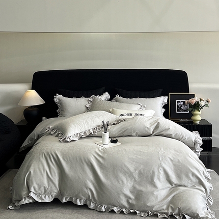 91家纺网 家纺一手货源 找家纺 玖玖爱家纺 2024新款长绒棉贡缎全棉法式提花四件套-摩纳哥 摩纳哥-灰
