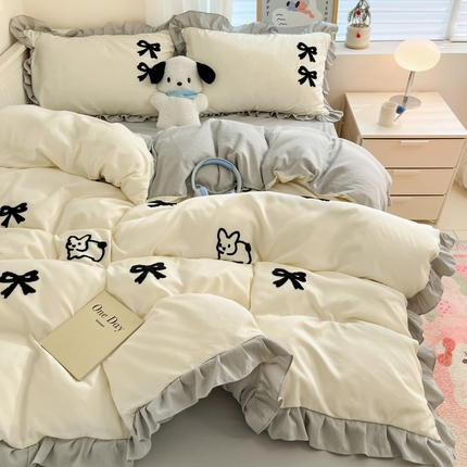 91家纺网 家纺一手货源 找家纺 （总）泉欣家纺 2024韩式公主风毛巾绣花水洗棉四件套专版花型