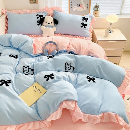 91家纺网 家纺一手货源 找家纺 （总）泉欣家纺 2024韩式公主风毛巾绣花水洗棉四件套专版花型