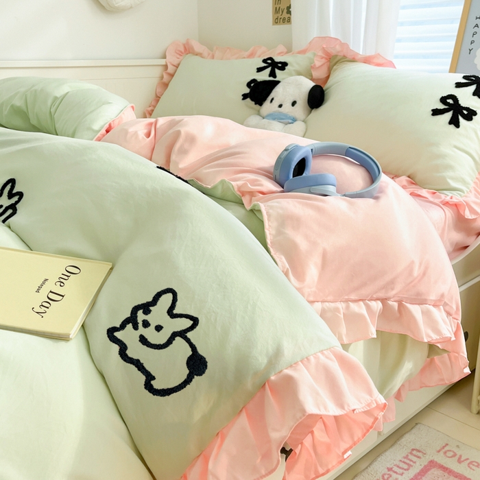 91家纺网 家纺一手货源 找家纺 （总）泉欣家纺 2024韩式公主风毛巾绣花水洗棉四件套专版花型