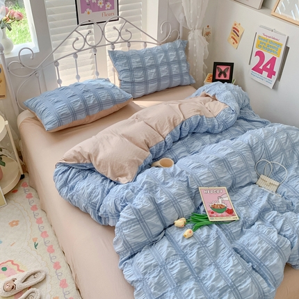 91家纺网 家纺一手货源 找家纺 （总）优卡迪家纺馆 2024新款水洗棉泡泡纱纯色双拼撞色四件套（下载文件夹包含买家秀）