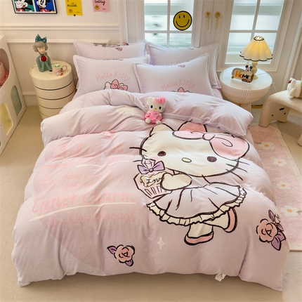 91家纺网 家纺一手货源 找家纺 兄弟坊 2024新款正版授权大版牛奶绒卡通四件套 玫瑰凯特猫
