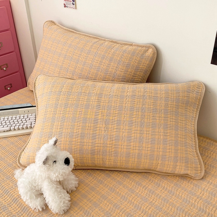 91家纺网 家纺一手货源 找家纺 沐纯家居 2025新款色织水洗棉棉绒（大豆纤维填充）床盖三件套 田园桔