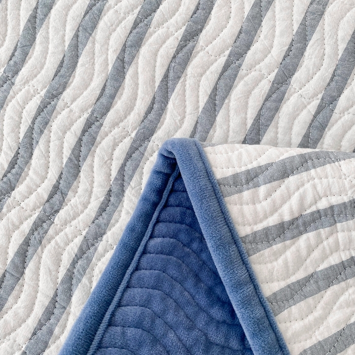 91家纺网 家纺一手货源 找家纺 沐纯家居 2025新款色织水洗棉棉绒（大豆纤维填充）床盖三件套 青柠蓝