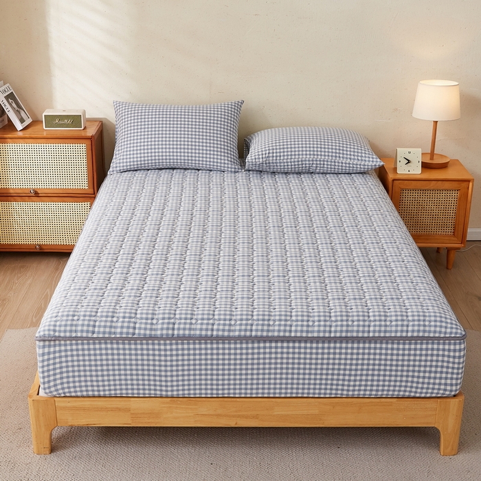 91家纺网 家纺一手货源 找家纺 迪乐妮家居 2024新款大床色织全棉夹棉床笠 蓝小格