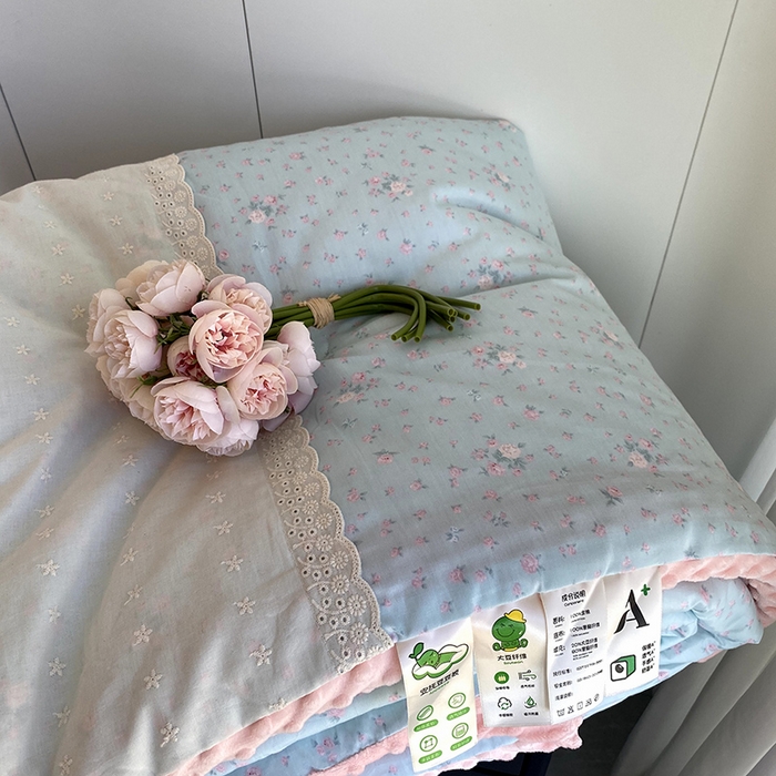 91家纺网 家纺一手货源 找家纺 2025新款秋冬季棉加豆豆绒法式花边款豆豆被被芯 梦境蓝