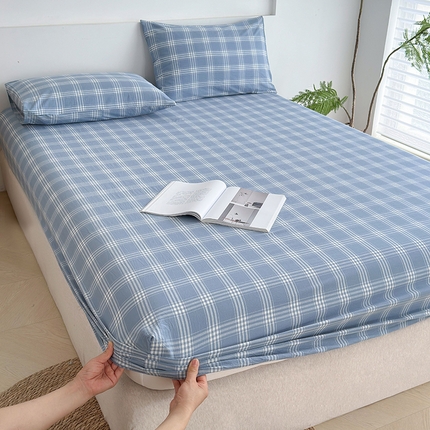 慕莎家纺 2024新款亲肤水洗色织床笠三件套 清新蓝格