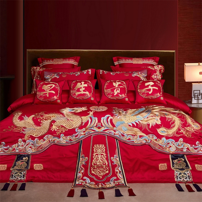 91家纺网 家纺一手货源 找家纺 红番天婚庆 2025新款新中式全棉提花婚庆四件套多件套百年龙凤