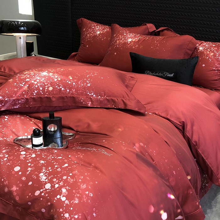 91家纺网 家纺一手货源 找家纺 （总）黑白森林 2024新款高支天丝棉大红数码印花四件套