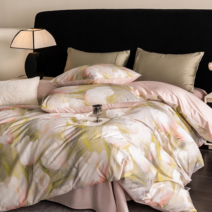 91家纺网 家纺一手货源 找家纺 立奥被业 2024新款60*60数码印花四件套全棉四件套 郁金香粉