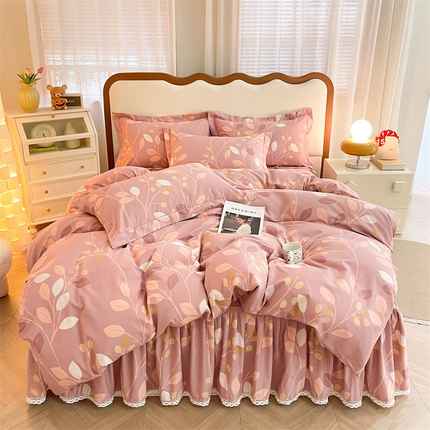 91家纺网 家纺一手货源 找家纺 缦彩 （支持一件定制）2024新款全棉加厚公主风磨毛被套四件套床裙纯棉床单单双人床上用品 温温晨语-粉