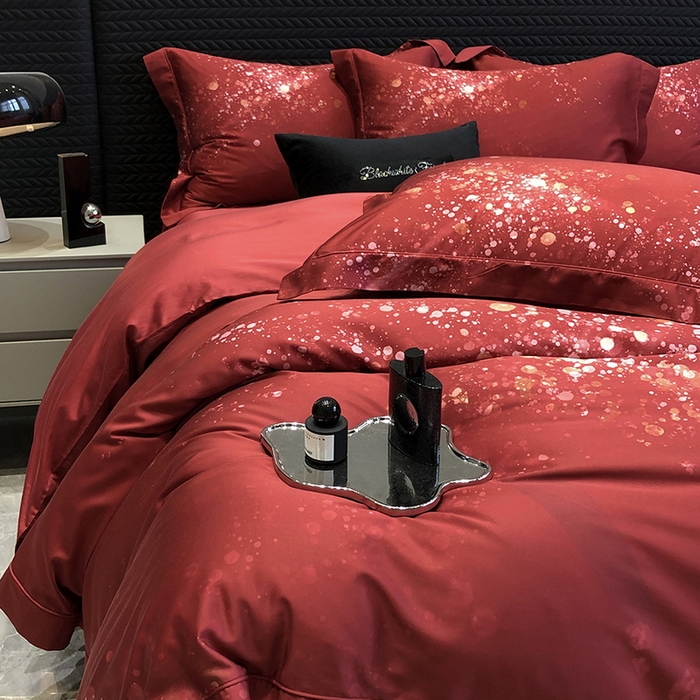 91家纺网 家纺一手货源 找家纺 （总）黑白森林 2024新款高支天丝棉大红数码印花四件套